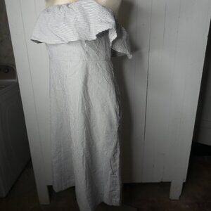 Banana Republic Women's 12 Seersucker Dress Off Shoulder Pockets Grey White